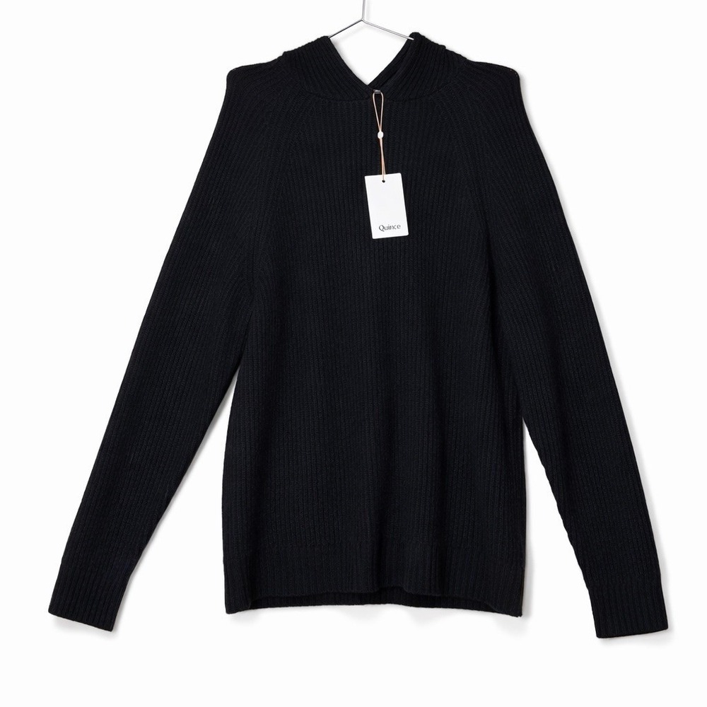 NWT Quince Black Ribbed Knit Hooded 100% Cashmere Sweater Men's Long Sleeve